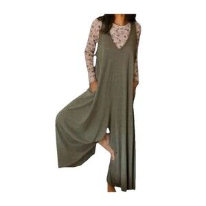 Natural Life Jumpsuit One Size Oversized Green Jersey Wide Leg V-neck Pockets
